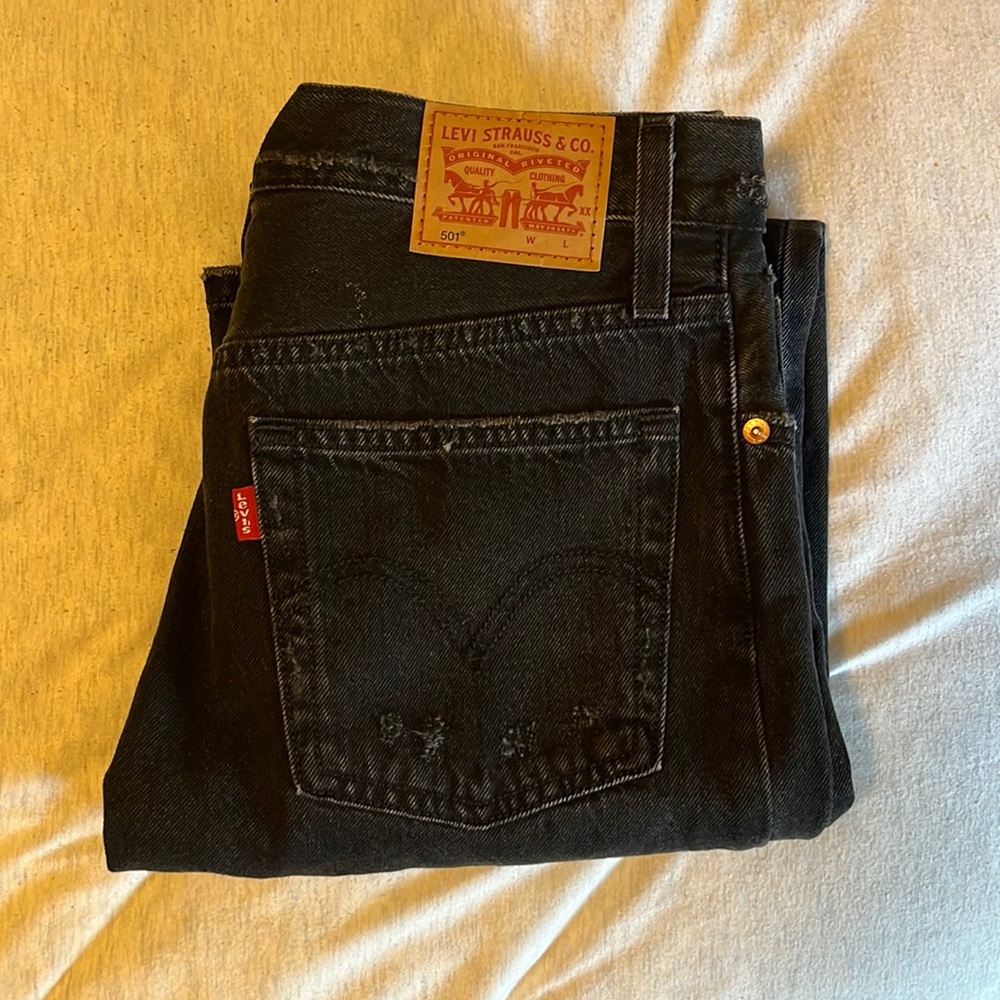 Black Levi 501s Straight Leg Distressed Jeans